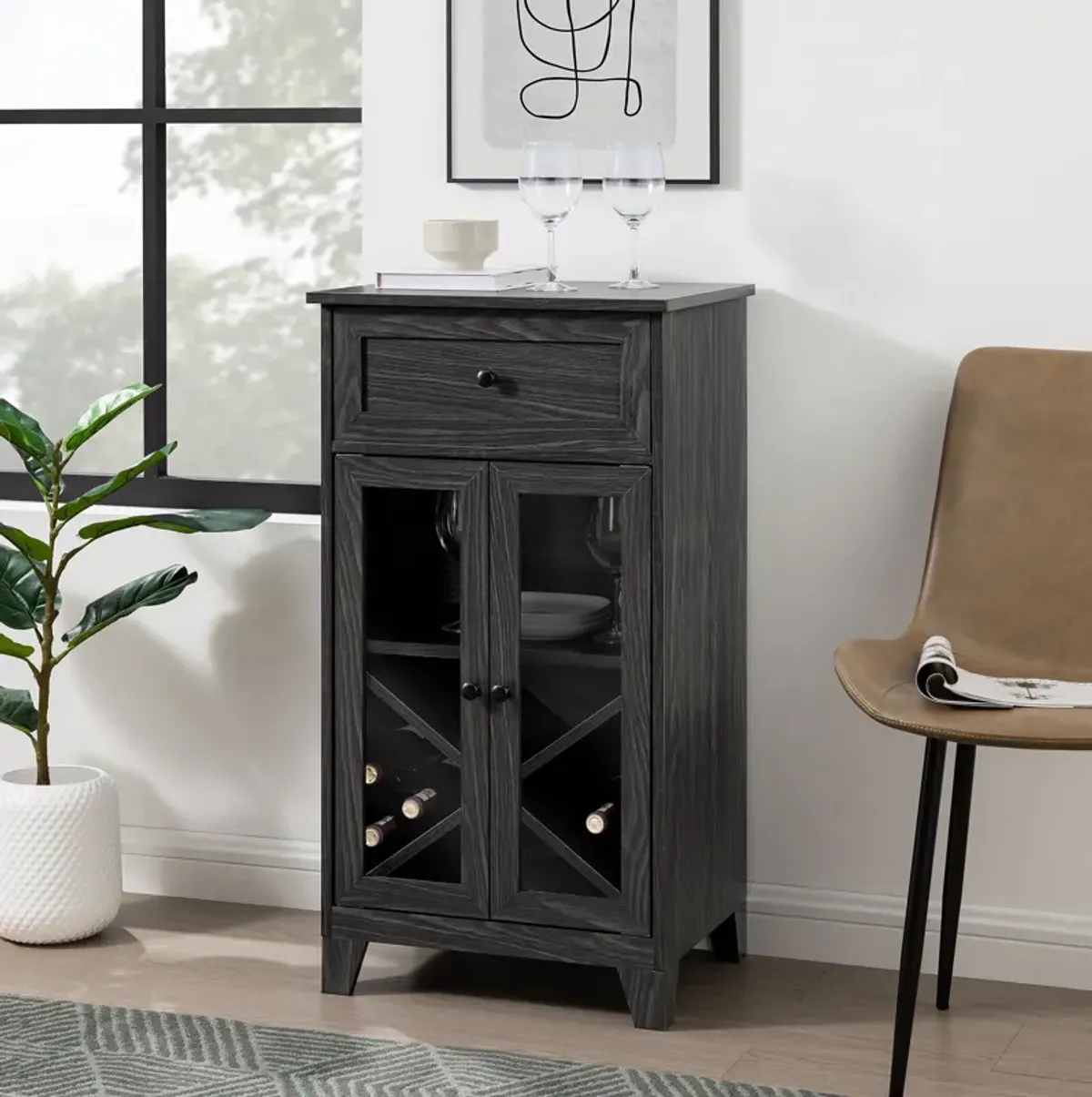 Classic Glass Door Bar Cabinet With Bottle Storage - Graphite