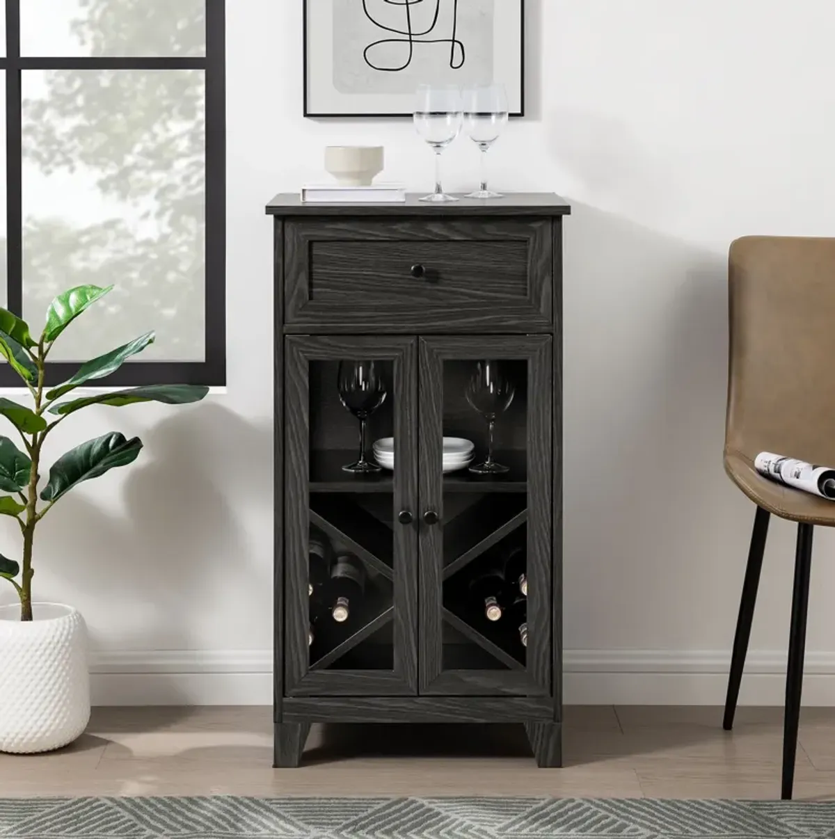 Classic Glass Door Bar Cabinet With Bottle Storage - Graphite