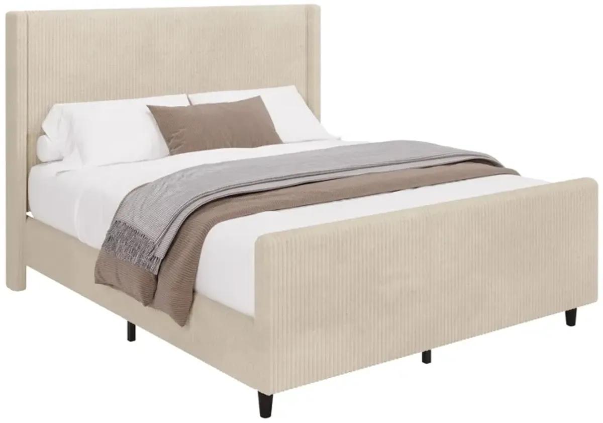 Corduroy Upholstered Bed Frame With Vertical Stripe Wingback And High Footboard No Box Spring Needed