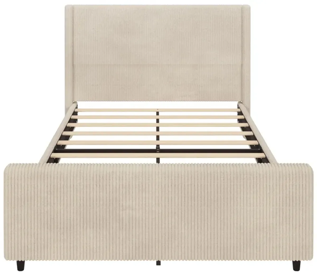 Corduroy Upholstered Bed Frame With Vertical Stripe Wingback And High Footboard No Box Spring Needed