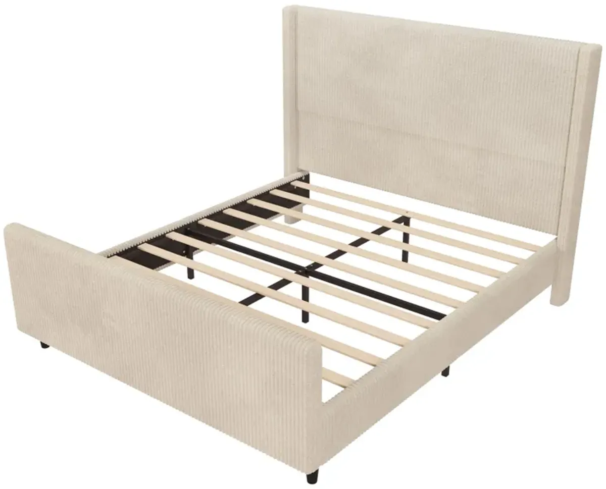 Corduroy Upholstered Bed Frame With Vertical Stripe Wingback And High Footboard No Box Spring Needed