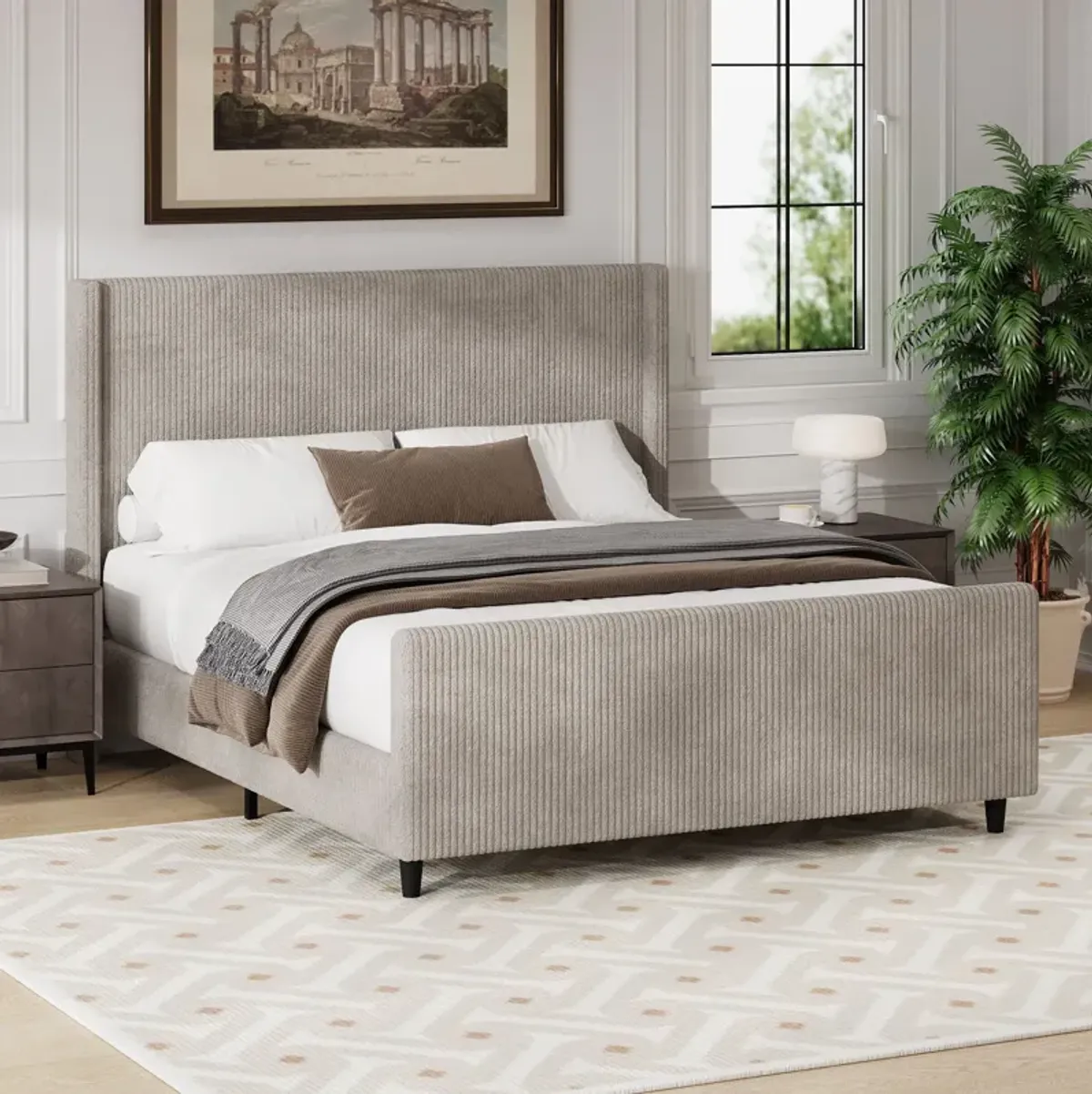 Corduroy Upholstered Bed Frame With Vertical Stripe Wingback And High Footboard No Box Spring Needed