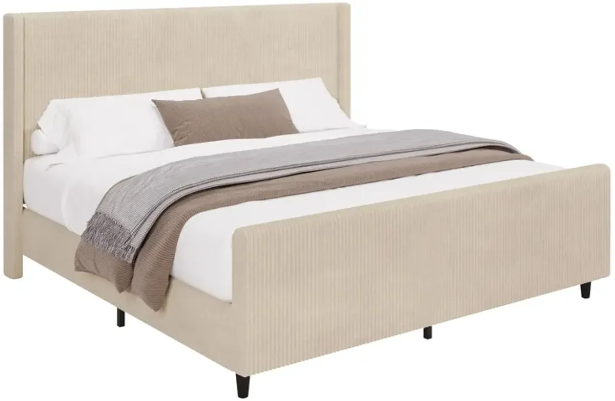 Corduroy Upholstered Bed Frame With Vertical Stripe Wingback And High Footboard No Box Spring Needed