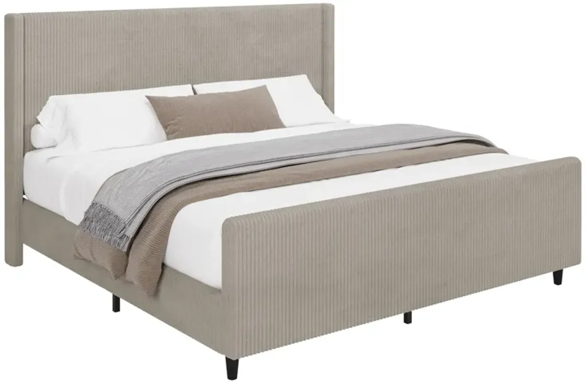 Corduroy Upholstered Bed Frame With Vertical Stripe Wingback And High Footboard No Box Spring Needed