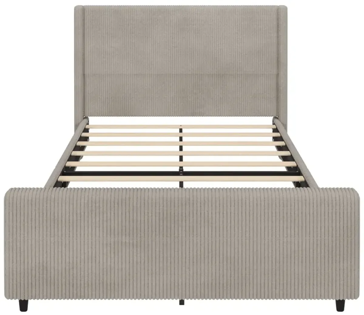 Corduroy Upholstered Bed Frame With Vertical Stripe Wingback And High Footboard No Box Spring Needed