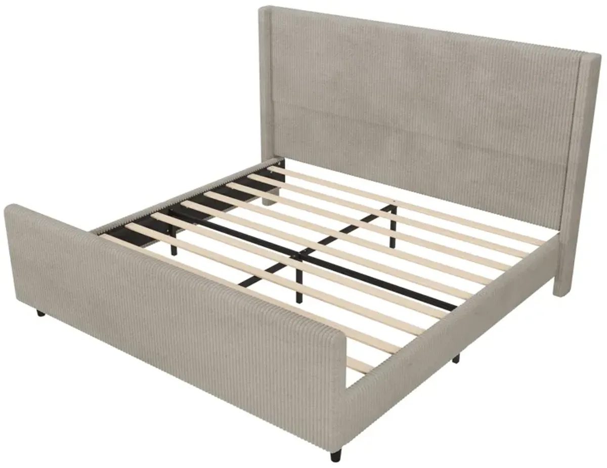 Corduroy Upholstered Bed Frame With Vertical Stripe Wingback And High Footboard No Box Spring Needed