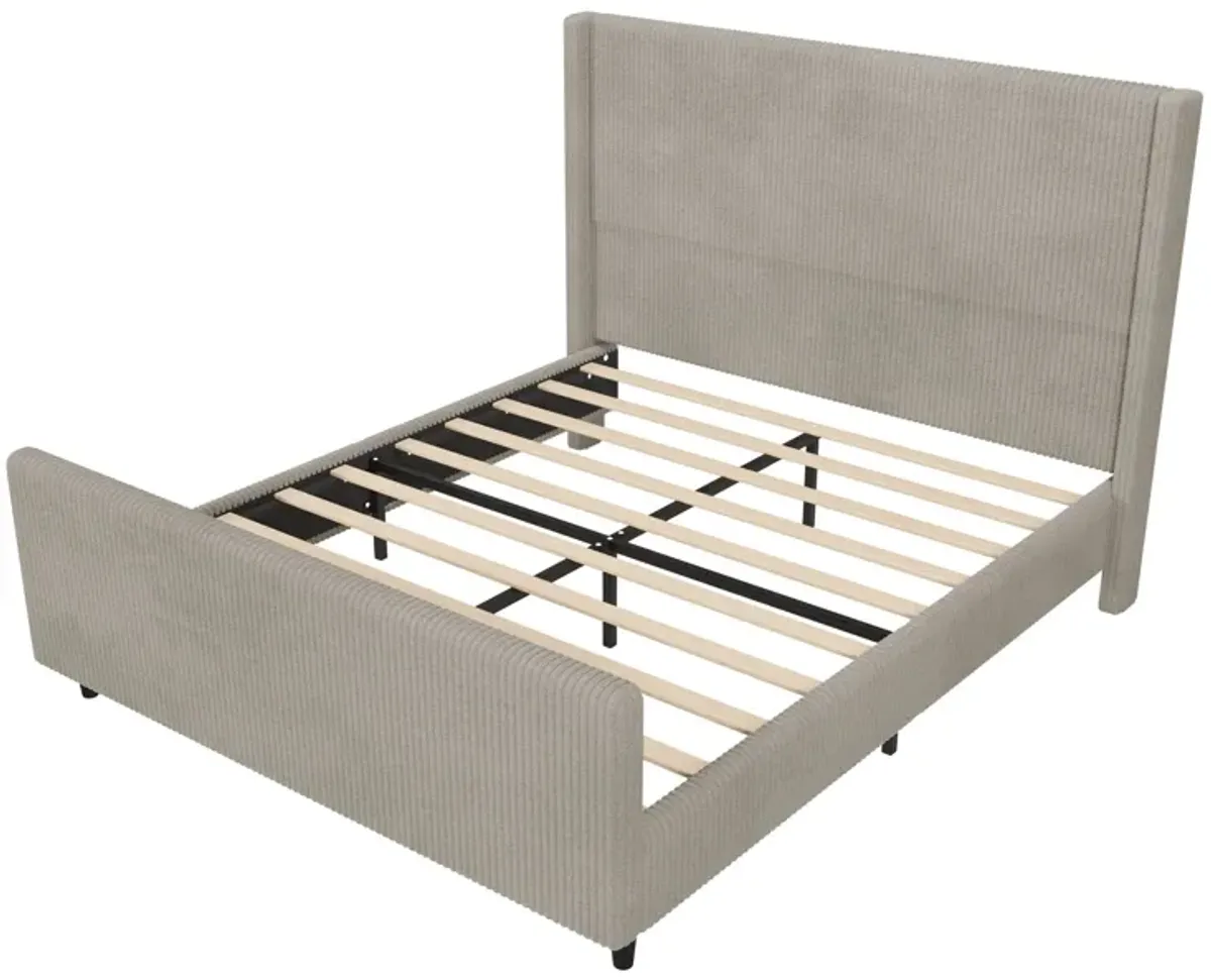 Corduroy Upholstered Bed Frame With Vertical Stripe Wingback And High Footboard No Box Spring Needed