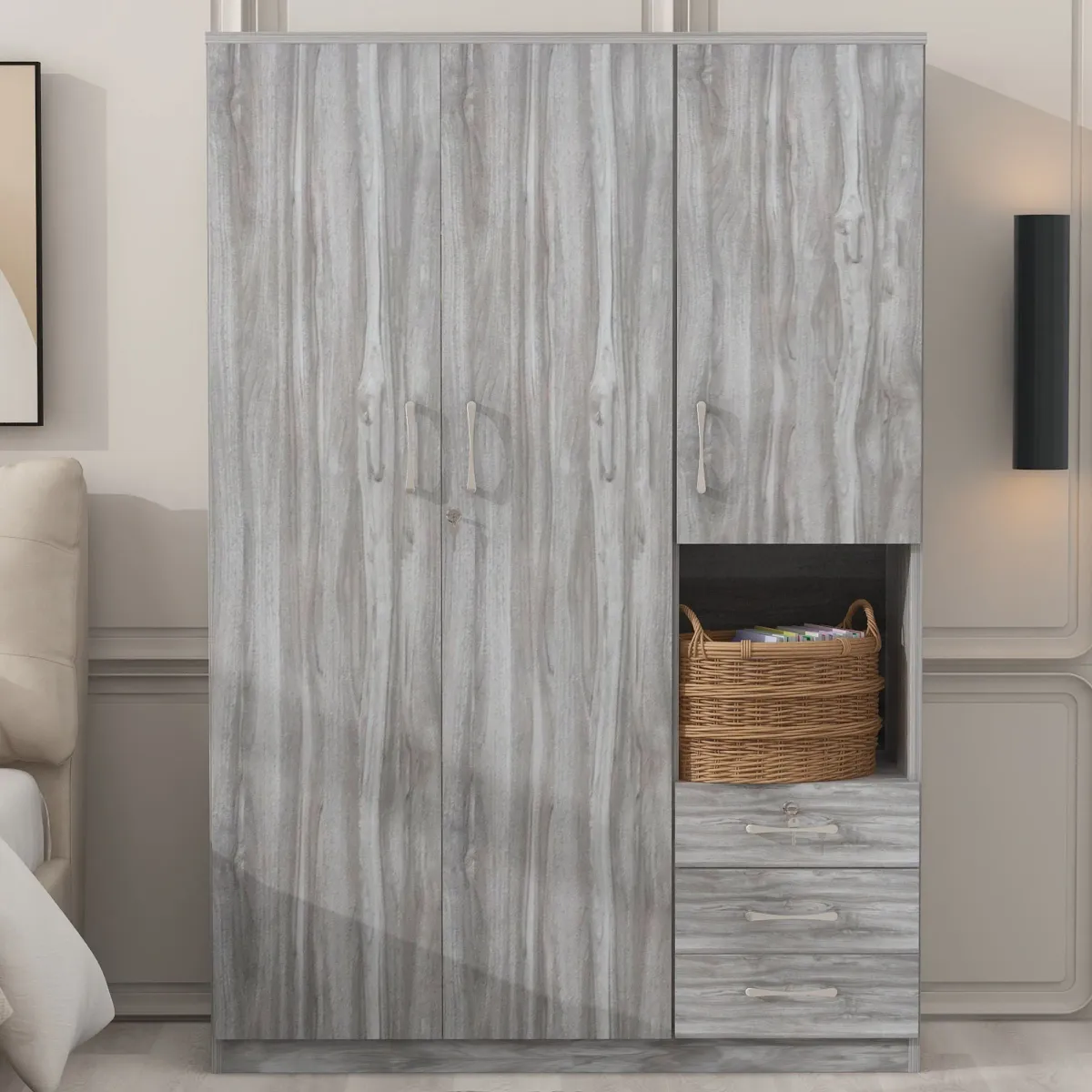 2 Doors Wooden Wardrobe Storage For Bedroom, With Shelves And 3 Drawers