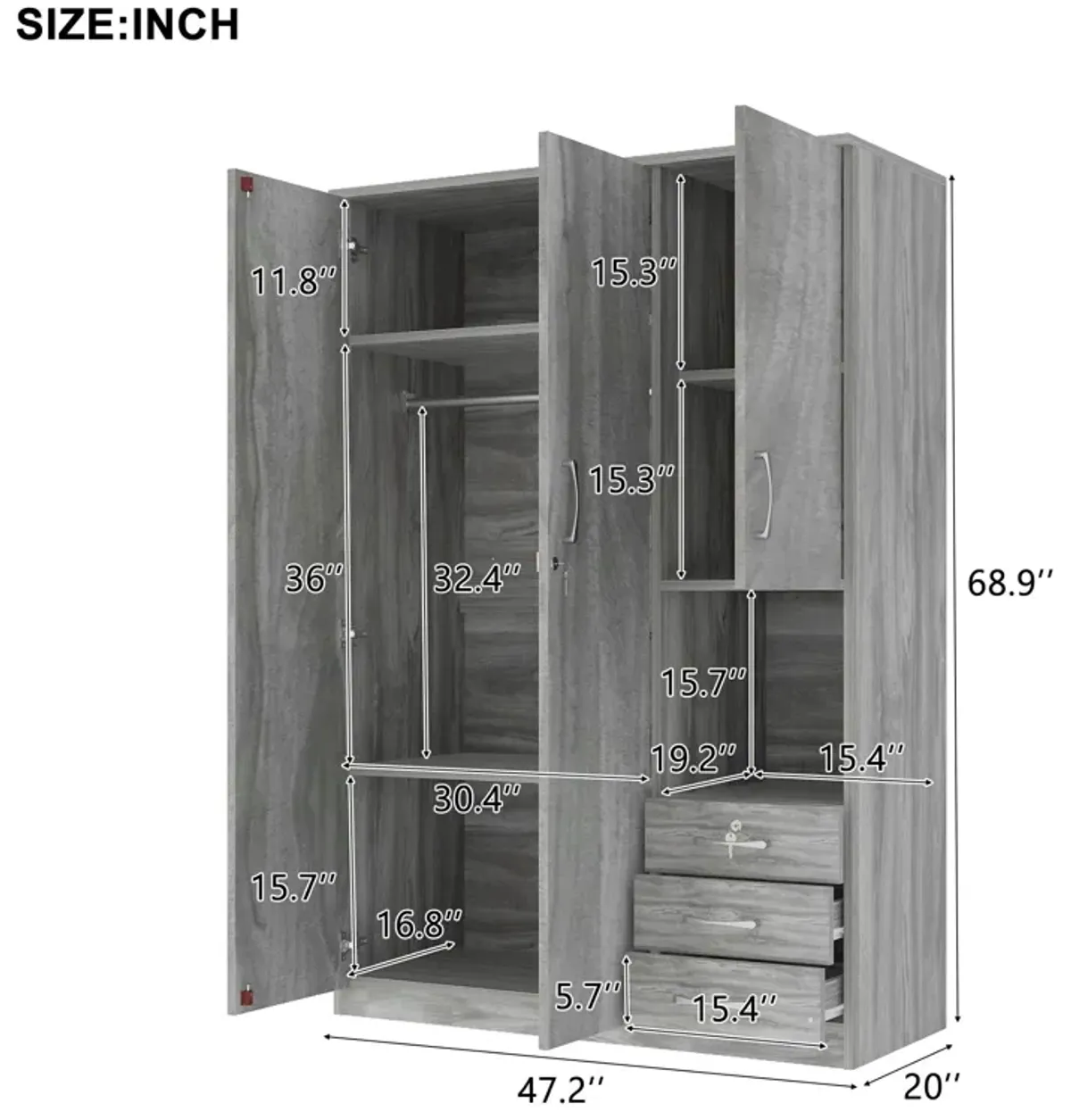 2 Doors Wooden Wardrobe Storage For Bedroom, With Shelves And 3 Drawers