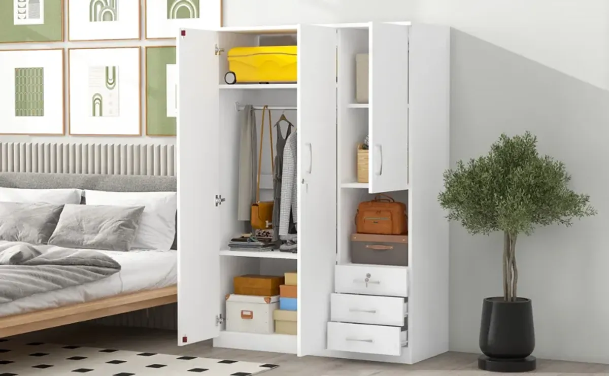 2 Doors Wooden Wardrobe Storage For Bedroom, With Shelves And 3 Drawers