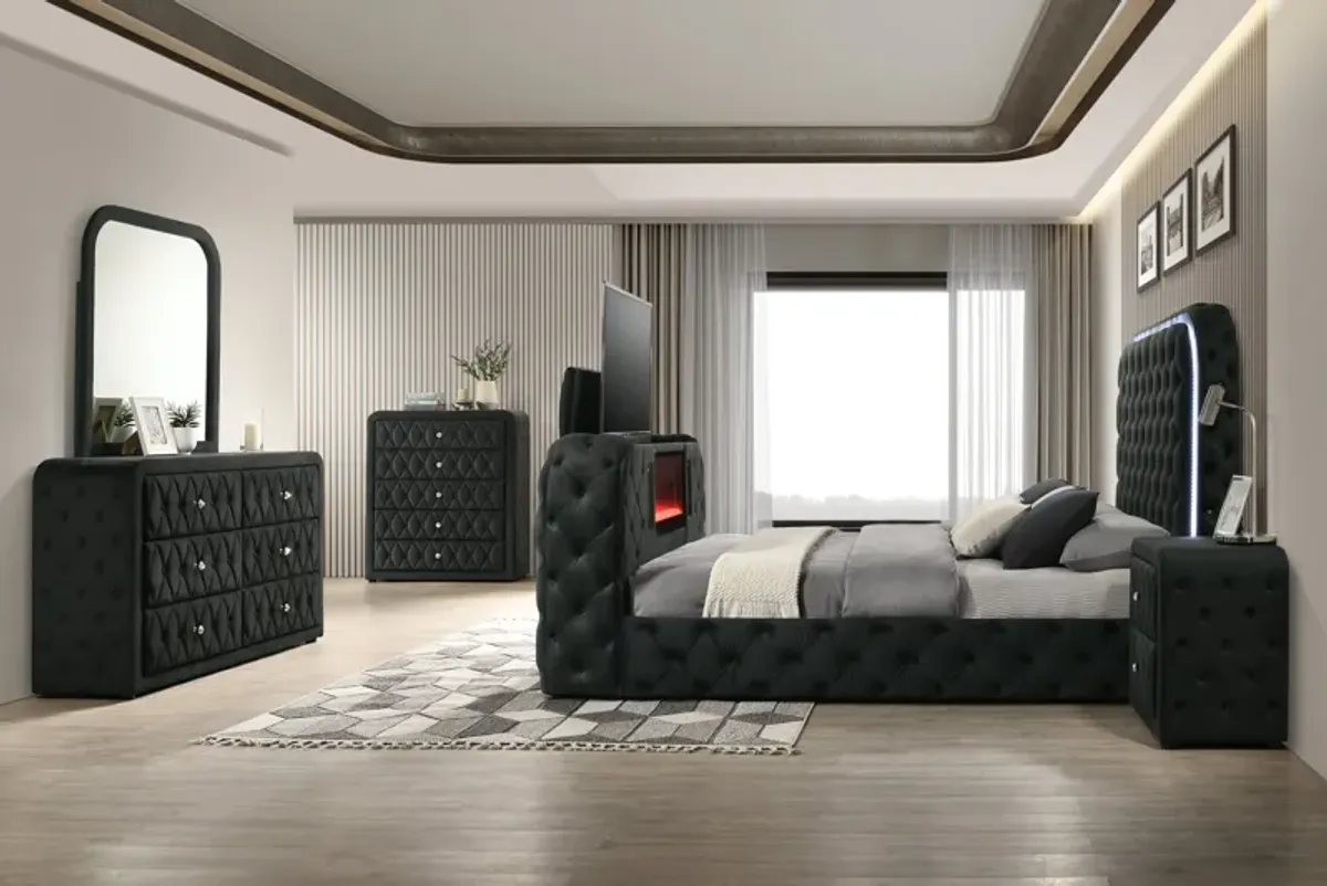 Black Velvet LED Fireplace Bedroom Set with TV Lift, Dresser, Mirror, and Nightstand