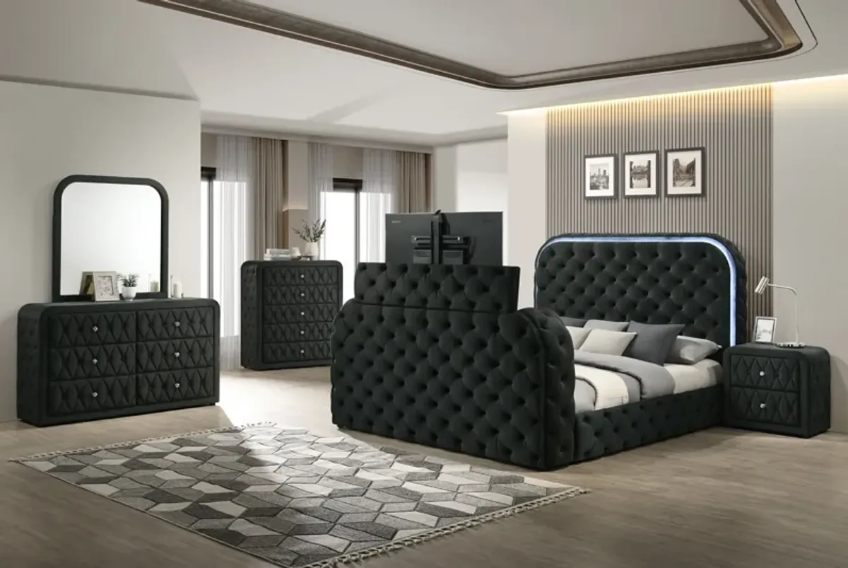 Black Velvet LED Fireplace Bedroom Set with TV Lift, Dresser, Mirror, and Nightstand