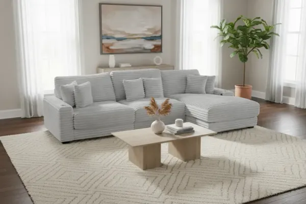 Light Gray Corduroy Sectional Sofa with Chaise & Plush Pillows