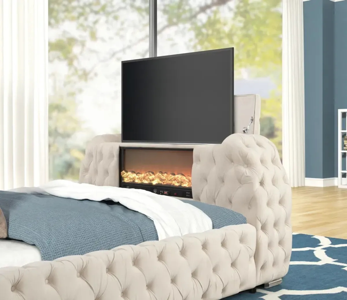 Luxury Velvet Tufted Bed with Fireplace, TV Lift, and Bluetooth Speakers