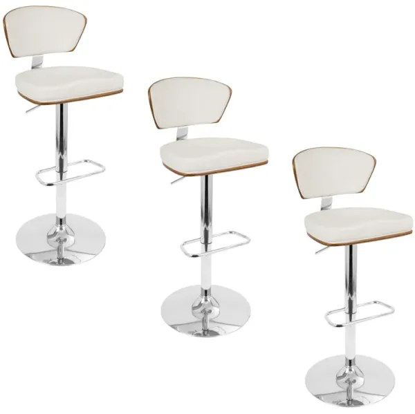Ravinia - Mid-Century Modern Adjustable Barstool With Swivel With Rounded Rectangle Footrest (Set of 3) - Chrome / Walnut / White