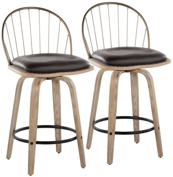 Riley - Farmhouse Fixed Height Counter Stool Round Footrest With Removable Cushion (Set of 2) - White Washed / Antique Copper / Brown