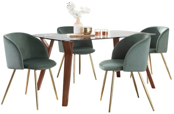 Folia Fran - 5 Piece Mid-Century Modern Dining Set - Walnut / Clear / Gold / Sage Green