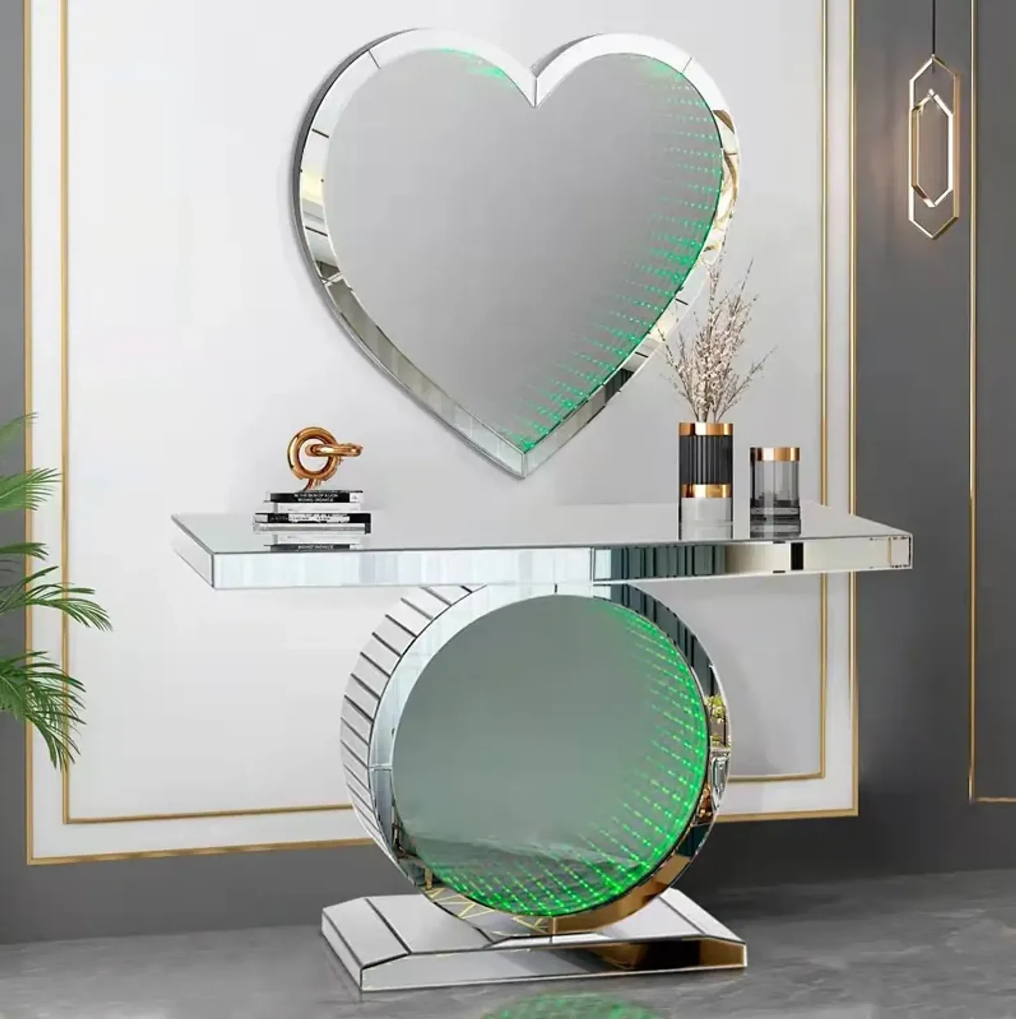 2 Piece Modern Console Table and Heart-Shaped Mirror Set with LED ...