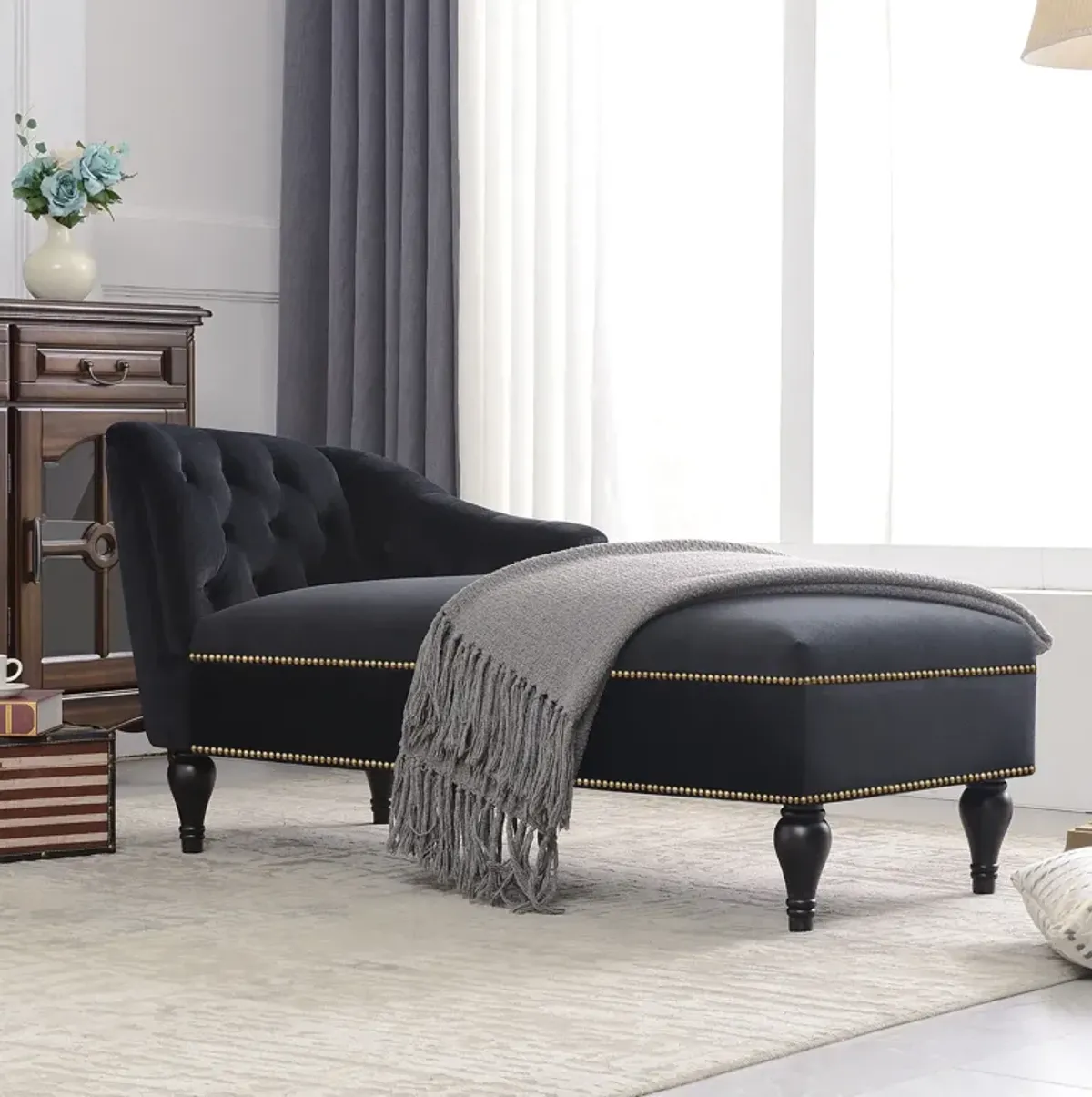 Velvet Chaise Lounge, Button Tufted Right Arm Facing Lounge Chair With Nailhead Trim For Living Room - Black