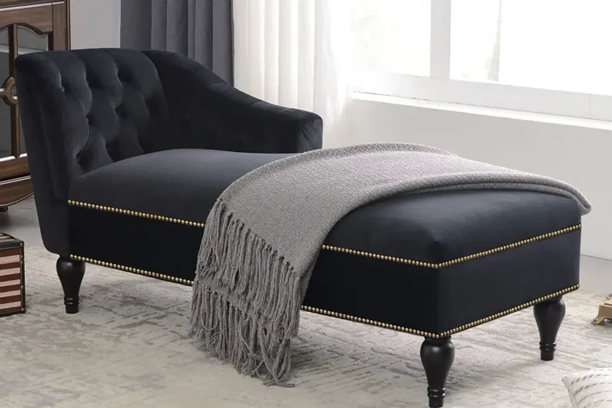 Velvet Chaise Lounge, Button Tufted Right Arm Facing Lounge Chair With Nailhead Trim For Living Room - Black