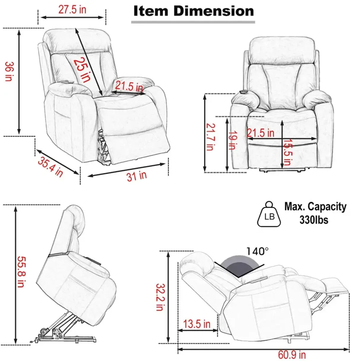 Lift Chair Recliner For Elderly Power Remote Control Recliner Sofa Relax Soft Chair Anti-Skid Australia Cashmere Fabric Furniture Living Room