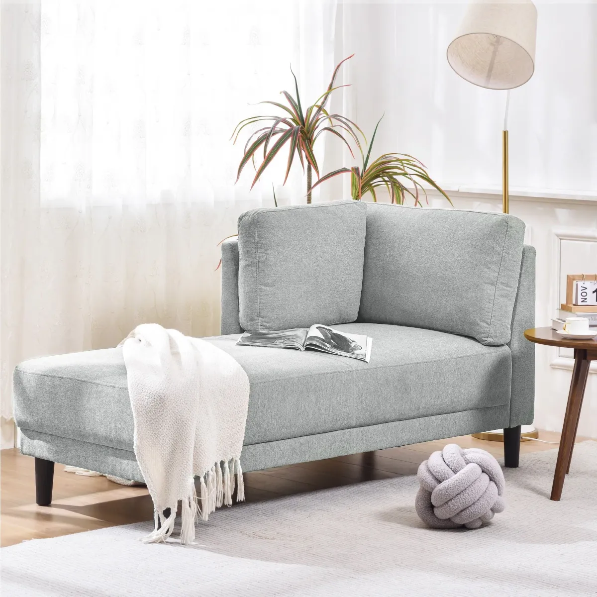 Mid-Century Modern Linen Corner Lounge Chair, Upholstered Indoor Chaise Lounge, Sleeper Sofa