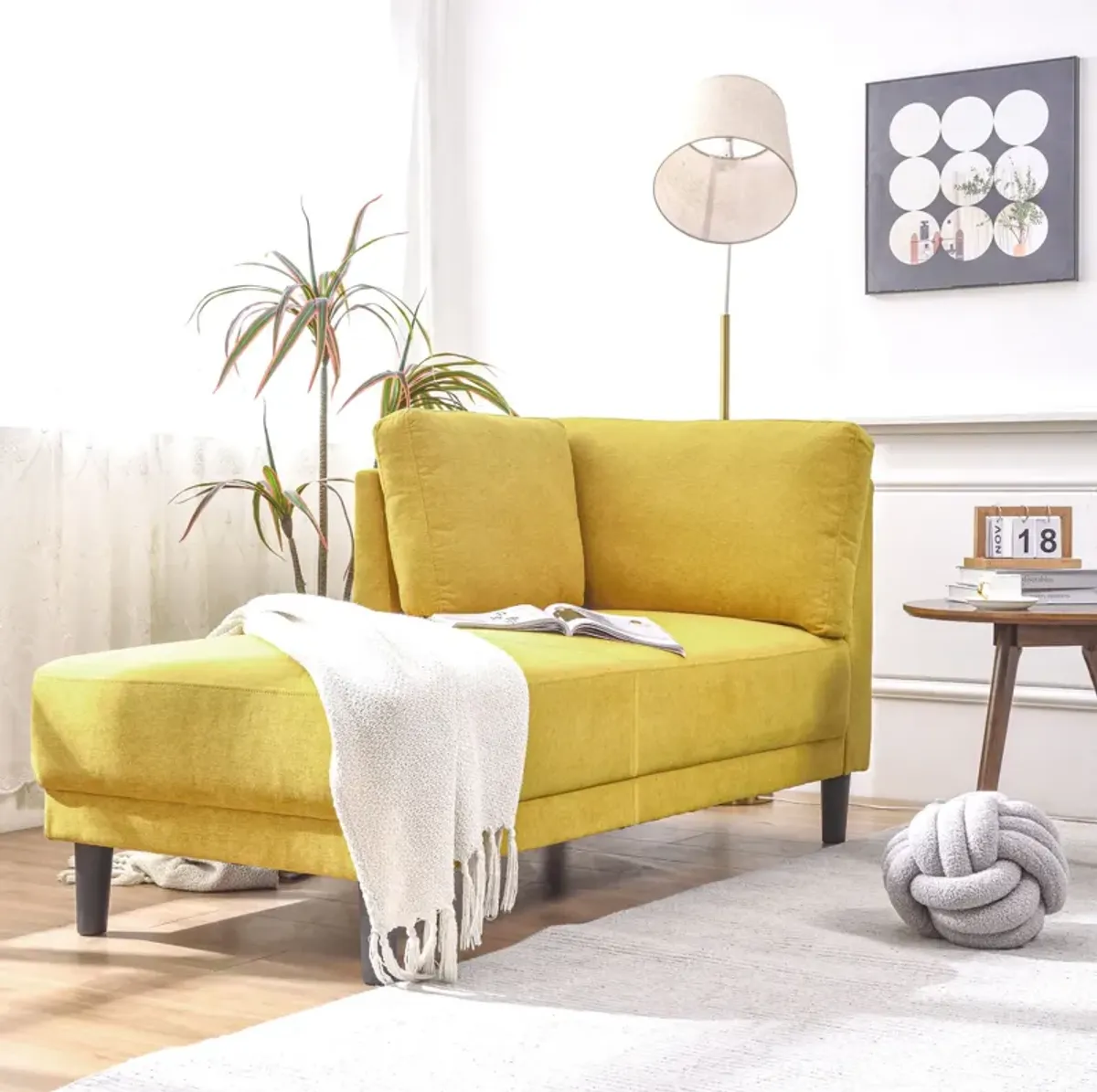 Mid-Century Modern Linen Corner Lounge Chair, Upholstered Indoor Chaise Lounge, Sleeper Sofa