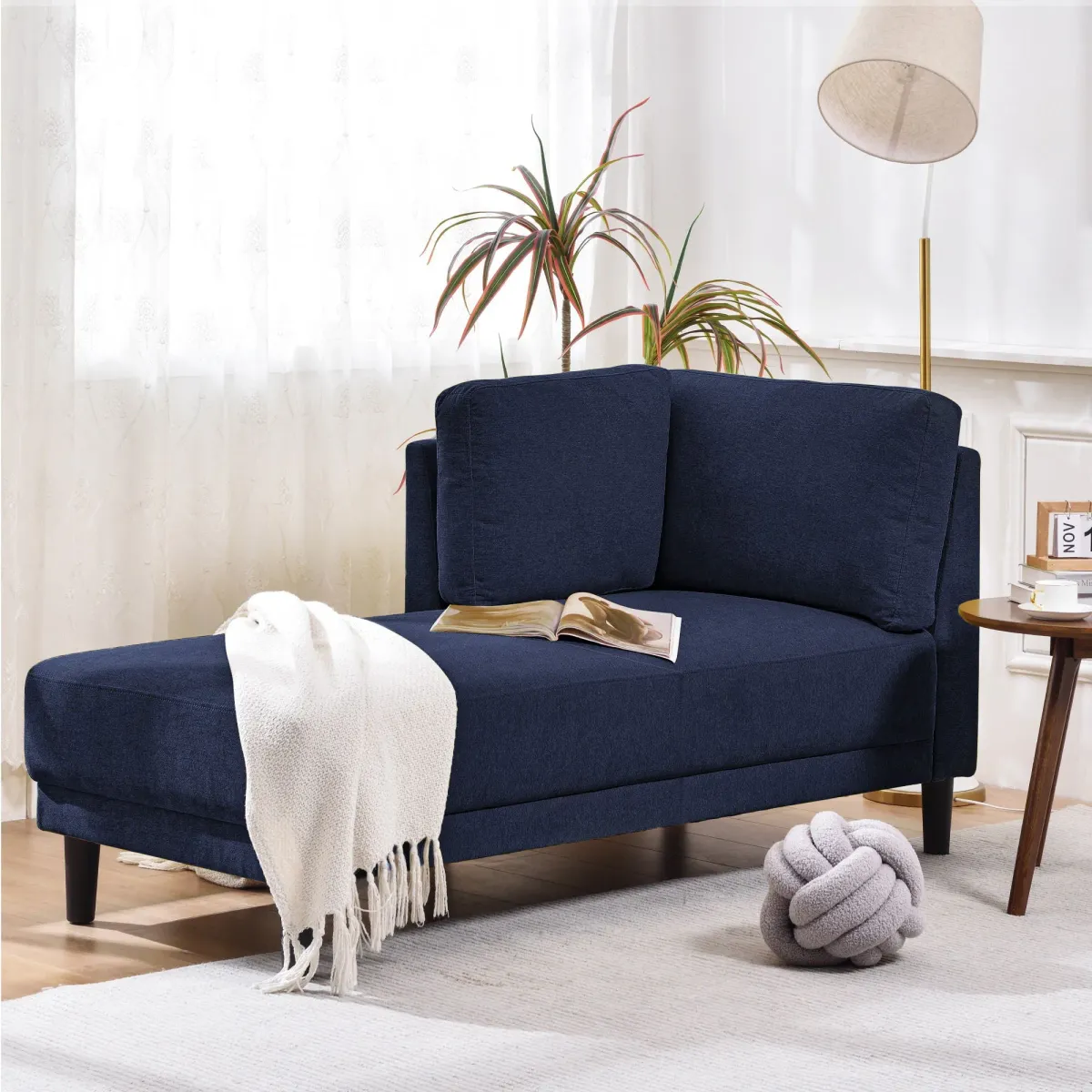 Mid-Century Modern Linen Corner Lounge Chair, Upholstered Indoor Chaise Lounge, Sleeper Sofa