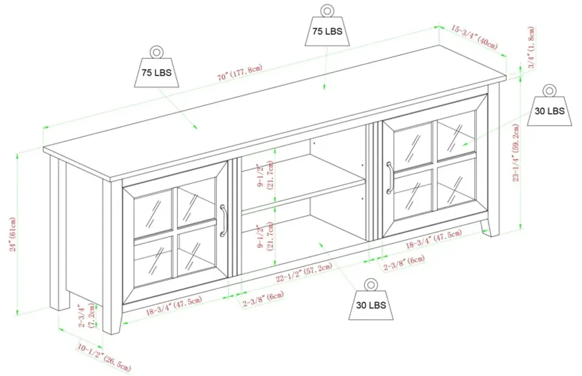 Modern Farmhouse 2 Door Glass Windowpane 70" TV Stand For 80" TVs