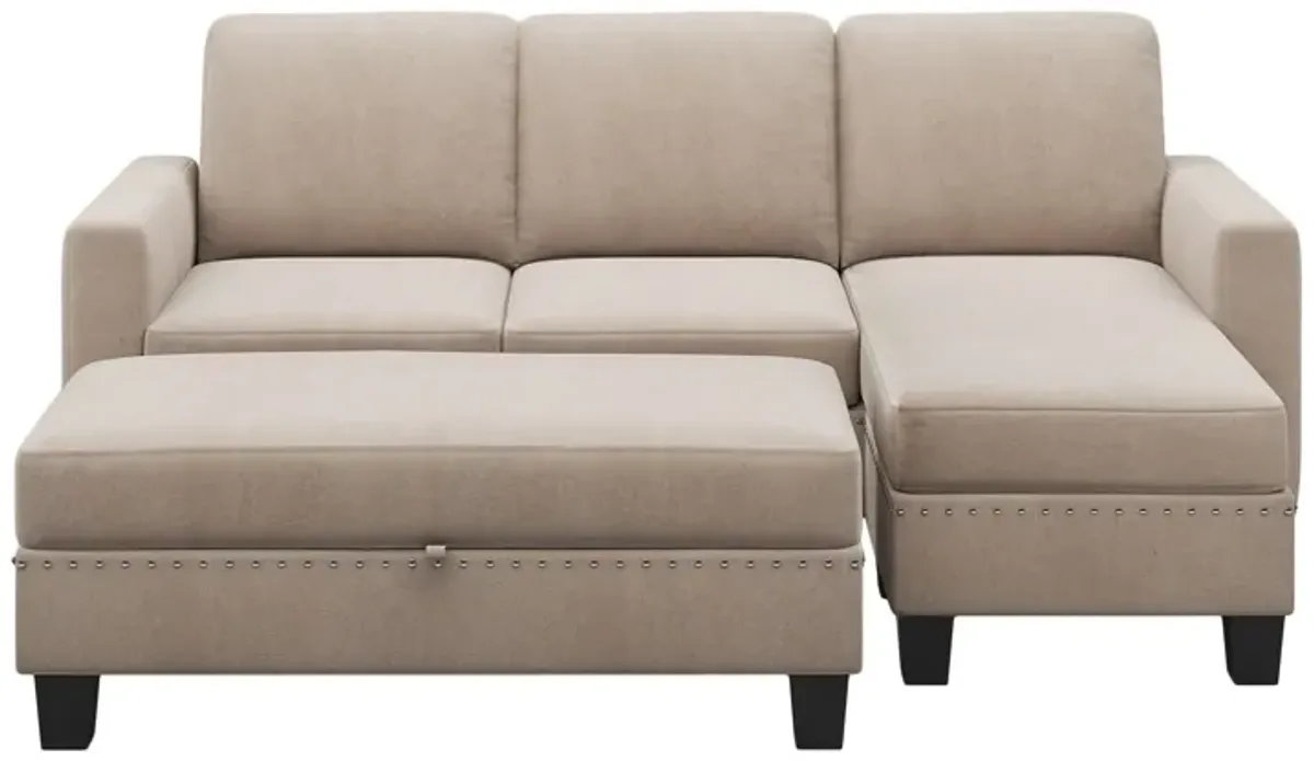 Reversible Sectional Couch With Storage Ottoman L-Shaped Sofa, Sectional Sofa With Chaise, Nailheaded Textured Fabric 3 Pieces Sofa Set - Warm Gray