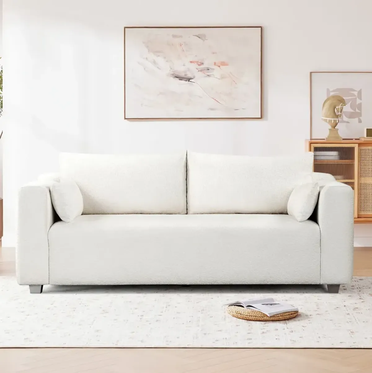 Modern Loop Yarn Sofa, One Piece Seat Frame, Minimalist 2-3 Seat Couch Easy To Install, Loveseats With Extra Wide Domed Arms (2 Pillows) - White