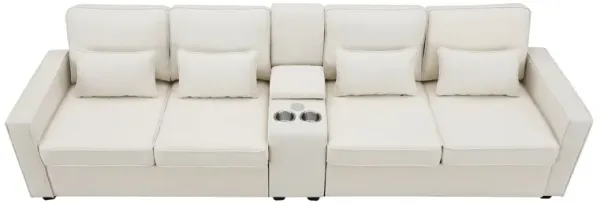 Upholstered Sofa With Console, 2 Cupholders And 2 USB Ports Wired Or Wirelessly Charged, Modern Linen Fabric Couches With 4 Pillows For Living Room, Apartment (4-Seat)