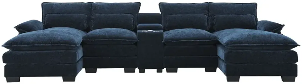 Modern U-Shaped Sofa With Console, Cupholders And USB Ports, 6 Seat Upholstered Symmetrical Indoor Furniture, Sleeper Couch Set With Chaise For Living Room