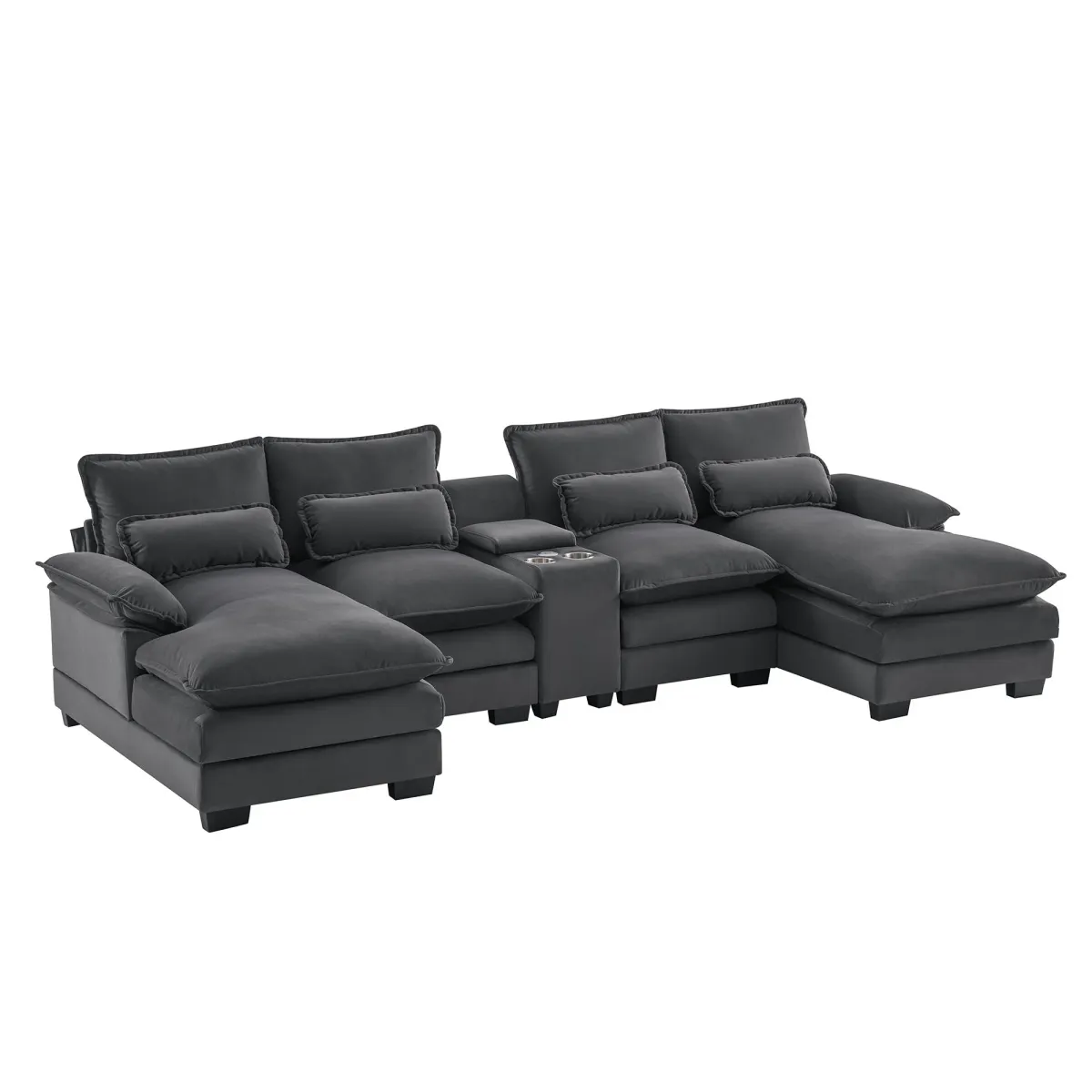 Modern U-Shaped Sofa With Console, Cupholders And USB Ports, 6 Seat Upholstered Symmetrical Indoor Furniture, Sleeper Couch Set With Chaise For Living Room