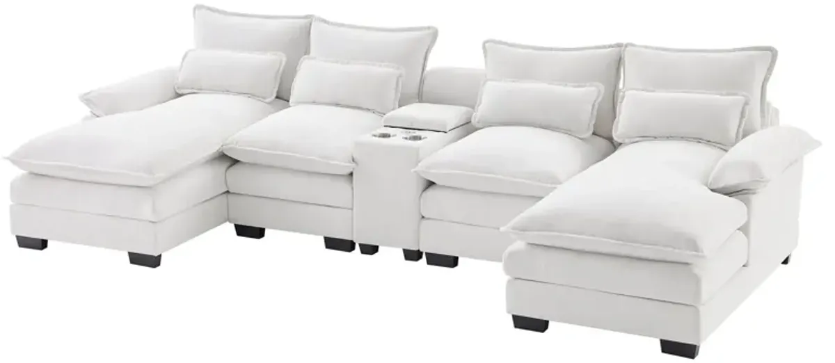 Modern U-Shaped Sofa With Console, Cupholders And USB Ports, 6 Seat Upholstered Symmetrical Indoor Furniture, Sleeper Couch Set With Chaise For Living Room