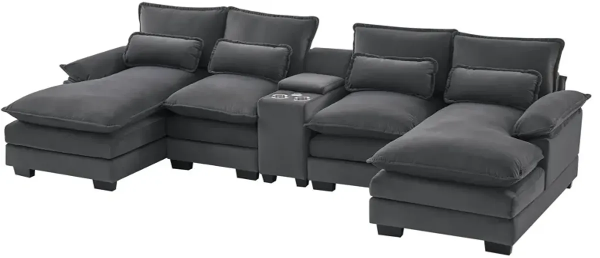 Modern U-Shaped Sofa With Console, Cupholders And USB Ports, 6 Seat Upholstered Symmetrical Indoor Furniture, Sleeper Couch Set With Chaise For Living Room