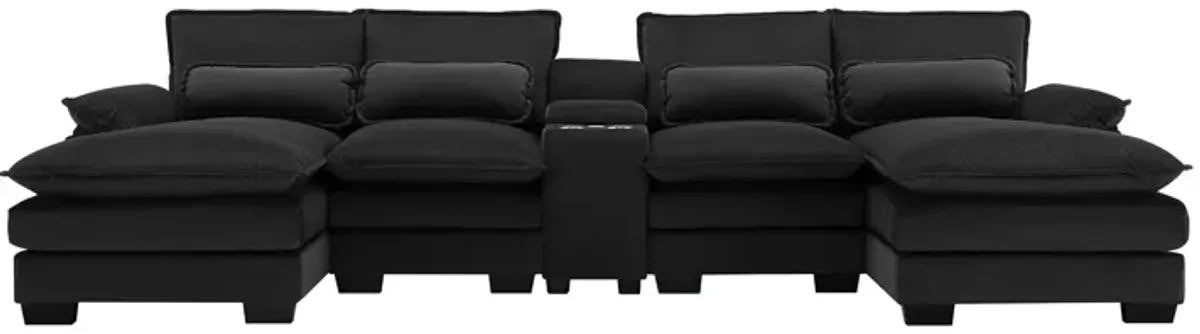 Modern U-Shaped Sofa With Console, Cupholders And USB Ports, 6 Seat Upholstered Symmetrical Indoor Furniture, Sleeper Couch Set With Chaise For Living Room