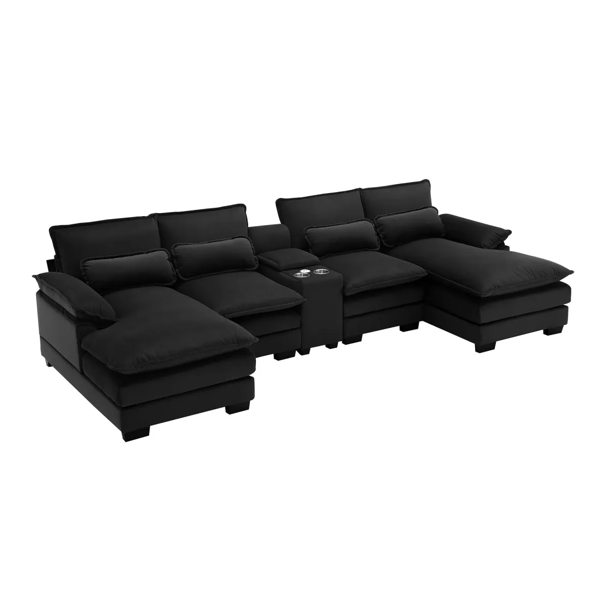 Modern U-Shaped Sofa With Console, Cupholders And USB Ports, 6 Seat Upholstered Symmetrical Indoor Furniture, Sleeper Couch Set With Chaise For Living Room