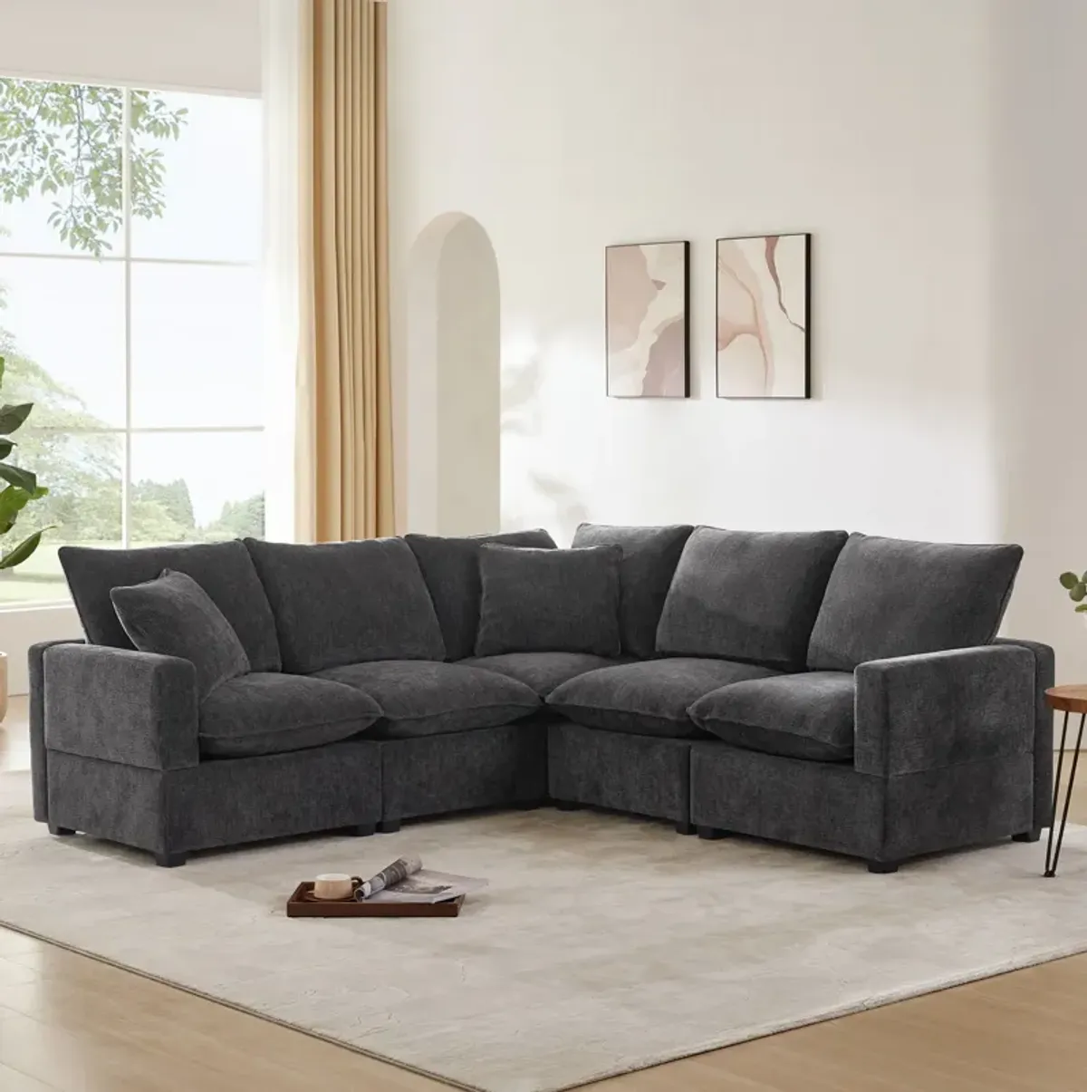 Modern L Shape Modular Sofa, 5 Seat Chenille Sectional Couch Set With 2 Pillows Included, Freely Combinable Indoor Funiture For Living Room, Apartment, Office