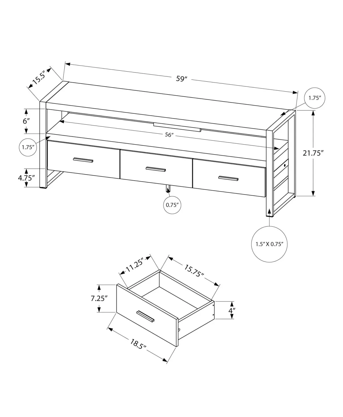 TV Stand, Console, Media Entertainment Center, Storage Solution Drawers - Black