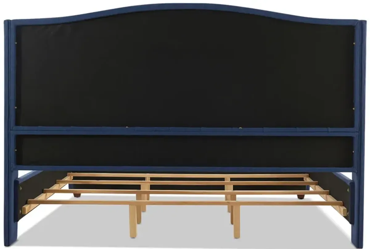 Marcella - King Upholstered Shelter Headboard Bed Set - Dark Sapphire Blue