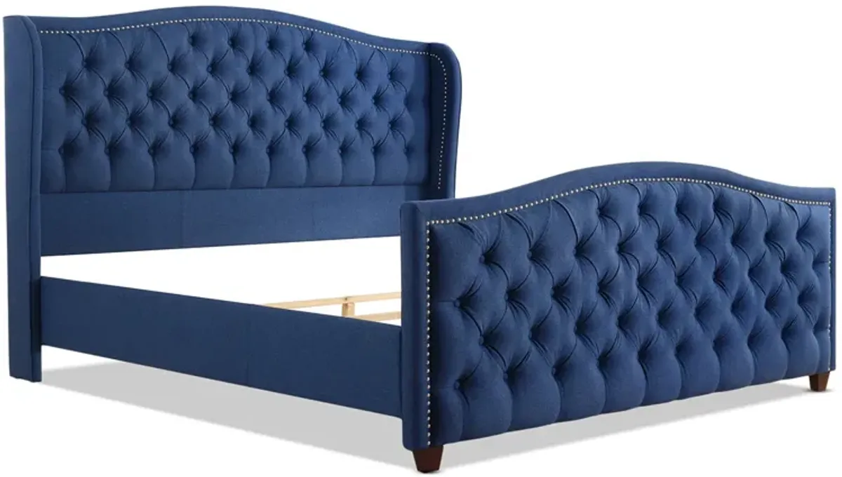 Marcella - King Upholstered Shelter Headboard Bed Set - Dark Sapphire Blue