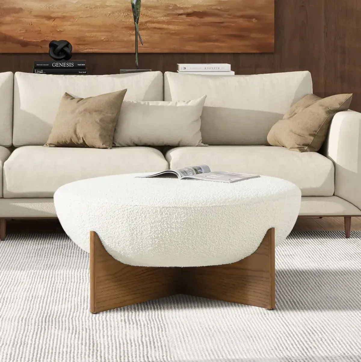 Bali - Round Upholstered Cocktail Ottoman - Natural / Ivory White