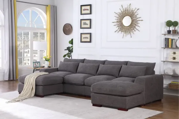 Tatman - Linen Blend Sectional With 2 Ottomans - Dark Gray