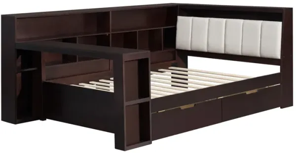 Full size Bed with Built-in Desk, Shelves and 2 Drawers - Espresso