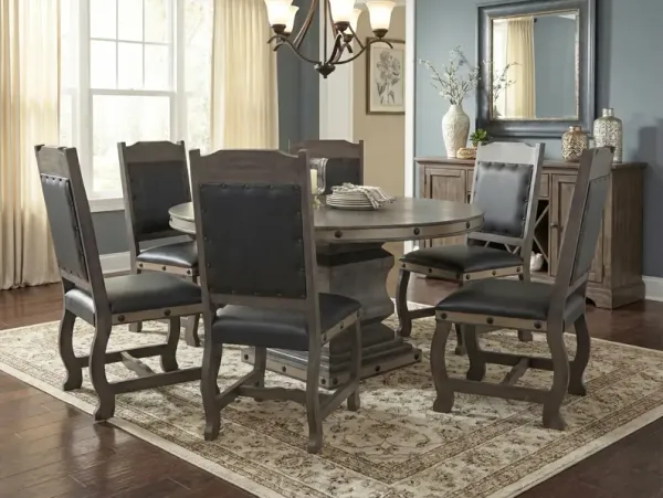 7-Piece Round Rustic Dining Set with Rivet-Trim Chairs (Gray/Charcoal)