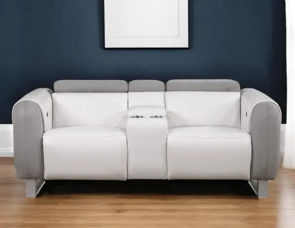 Faux Leather And Microfiber Power Reclining Loveseat With Storage - Gray White And Silver