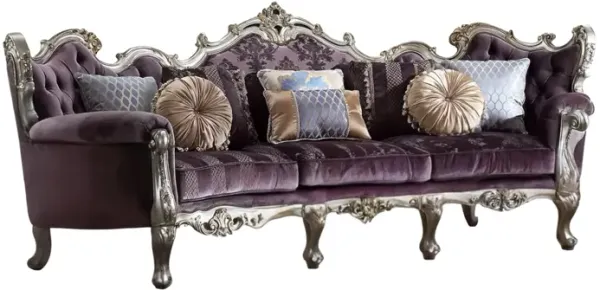 Velvet Curved Striped Sofa And Toss Pillows With Platinum Legs - Dark Purple