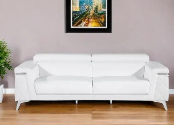 89" Italian Leather Sofa With Silver Legs - White