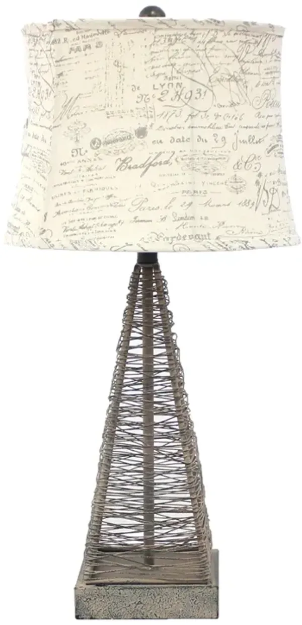 Metal Geometric Bedside With White Text Drum Shade - Gray